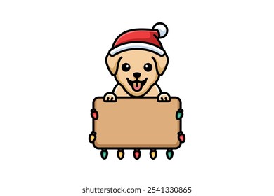 An adorable dog wearing a Santa hat, holding a Christmas sign, surrounded by festive, colorful lights. Perfect for spreading holiday cheer and capturing the joy of the Christmas season