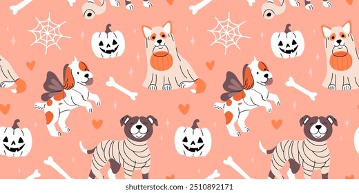 Adorable dogs in Halloween costumes with bones, big spider web and jack o lantern pumpkin. Flat cartoon seamless pattern with cute dogs.