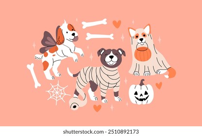 Adorable dogs in Halloween costumes with bones, big spider web and jack o lantern pumpkin. Flat cartoon illustration with cute dogs.