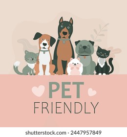 Adorable dogs, hamster and cats, pets friendly banner, sticker or label. Sign symbol of domestic pets allowed and accepted. Cute animals and poster with text. flat vector illustration