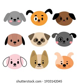 Perros adorables. Conjunto de retratos de lindos animales de dibujos animados. Para diseñar ropa para bebés. Personajes sonrientes dibujados a mano. Un animal feliz. Ilustración del vector