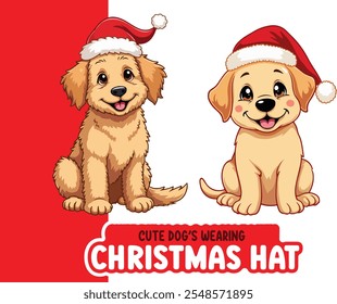 Adorable Dogs Wearing Christmas Hats – Festive Vector Illustration for Holiday Designs