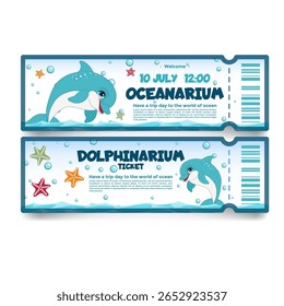 Ingressos com tema de golfinhos adoráveis para um evento de oceanário e golfinário. Apresenta um golfinho brincalhão, estrelas-do-mar e bolhas oceânicas.