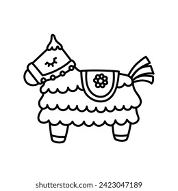 An adorable donkey-shaped pinata illustration, perfect for festive celebrations and birthday parties. Outline vector graphic captures the joy and tradition of Mexican culture, a playful decoration