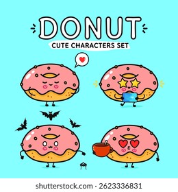 Adorable donut characters displaying various expressions, with bats, spiders, and coffee on a blue background.