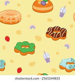 adorable donuts with strawberry and drink in yellow background for pattern wallpaper