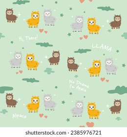 Adorable doodle alpacas on green background. Hand drawing baby animals with childish style pattern. Seamless graphic for backdrop, template, decoration, card, baby shower, party, wallpaper, wrapping.