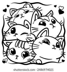 Adorable doodle cat, illustration vector, coloring page