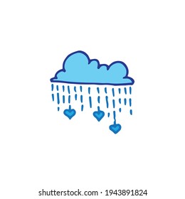 Adorable Doodle Illustration: Cloud with Rain and Heart in Hand-drawn Style. Blue Outline Vector on White Background, Perfect for Nature-inspired Designs, Greeting Cards, and Artistic Ventures