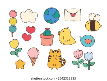 Adorable Doodle Ilustración aislada, lindo Doodle Clipart Set con Naturaleza y Elementos de animales, Vector. Perfecto para la elaboración, diseños de los niños, pegatinas digitales, tarjetas de felicitación y proyectos de bricolaje