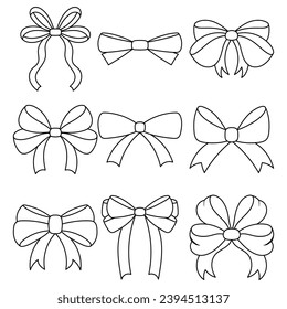 Adorable Doodle Ribbon Bows in a Simple Black and White Palette. Hand Drawn Flat Style Ideal for Decorative Use. Big Set of Bowties for Design Needs.