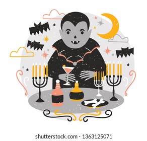 Adorable Dracula or funny vampire standing at table with candles in candlesticks, drinking blood from wineglass and celebrating Halloween against night sky on background. Flat vector illustration.