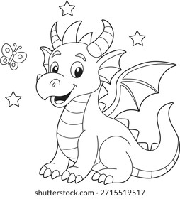 Adorable Dragon Coloring Page for Children. Printable Fantasy Animal Illustration. Easy Cute Dragon Artwork for Toddler and Preschool
