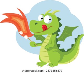 
Adorable Dragon Heats Marshmallows on Fire Vector Cartoon. Cute mythical creature roasting marshmallow on a stick 
