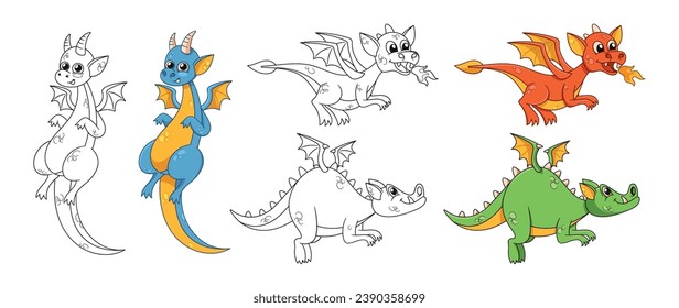 Adorable Dragons, Cartoon Characters With Colorful Scales And Monochrome Outline Personages With Playful Expressions