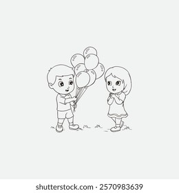 Adorable drawing of a young boy offering balloons to a girl on a sunny day. This artwork embodies themes of friendship, kindness, and childhood joy, making it perfect for cards or educational content.