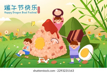 Adorable Duanwu Festival greeting card. Kids around giant zongzi with sauce carrying food ingredients on beautiful meadow. Text:Happy Dragon Boat Festival. May 5th.