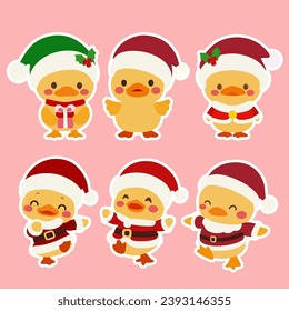 Adorable duck collection for christmas decoration.Set of cute duck isolated on pink background. Simple flat vector illustration christmas duck in hat.