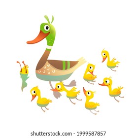 Adorable Duck family, mother with little yellow chicks swimming and diving. Mom Duck with her chicken clipart isolated on white. Vector illustration for children in watercolor style.