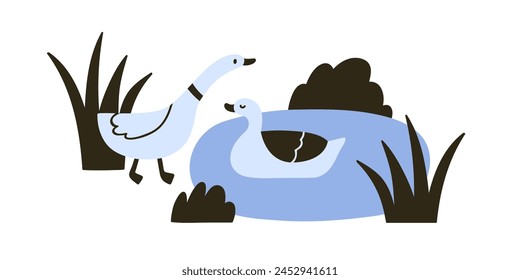 Adorable pato y ganso en la naturaleza. Lindos animales pájaros nadando en el estanque, lago. Pato, charlatán y pareja de cotilleos. Aves acuáticas salvajes. Ilustración vectorial gráfica plana infantil aislada sobre fondo blanco