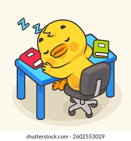 Adorable duck sleeping on desk with books vector illustration