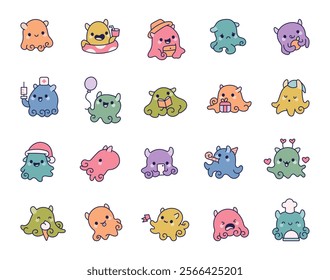 Adorable dumbo octopus character set with kawaii cartoon designs for marine life emotions featuring cheerful underwater and creative joyful expressions in friendly ocean themes