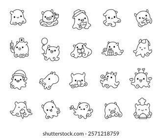 Adorable dumbo octopus character set with kawaii cartoon designs for marine life emotions featuring cheerful underwater and creative joyful expressions in friendly ocean themes