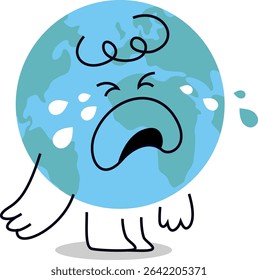 Adorable earth cartoon character crying. Cute hand drawn vector illustration for world environment day posters, eco campaigns, and environmental education. Editable stroke.