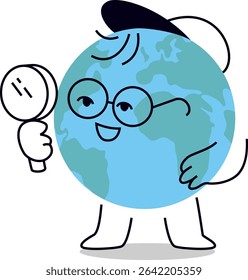 Adorable earth cartoon character with magnifying glass. Cute hand drawn vector illustration for world environment day posters, eco campaigns, and environmental education. Editable stroke.