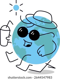 Adorable earth cartoon character sitting in chaise lounge. Cute hand drawn vector illustration for world environment day posters, eco campaigns, and environmental education. Editable stroke.