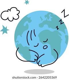 Adorable earth cartoon character sleeping and snoring. Cute hand drawn vector illustration for world environment day posters, eco campaigns, and environmental education. Editable stroke.