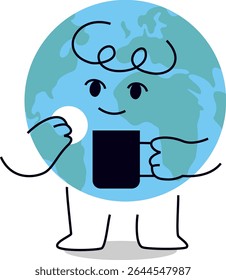 Adorable earth cartoon character with tea and biscuit. Cute hand drawn vector illustration for world environment day posters, eco campaigns, and environmental education. Editable stroke.