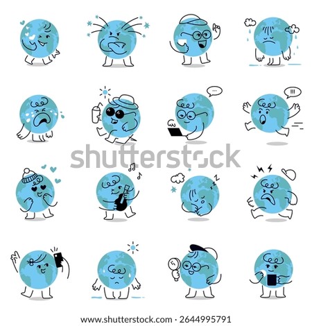 Adorable Earth mascot character vector graphic set. Different emotions and reactions. Cute hand drawn vector illustrations for eco stickers, ads, and environmental education. Editable stroke.