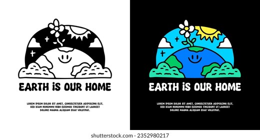 Adorable earth planet and sunflower with earth is our home typography, illustration for logo, t-shirt, sticker, or apparel merchandise. With doodle, retro, groovy, and cartoon style.