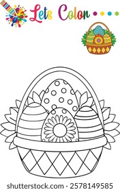 Adorable Easter basket coloring page featuring decorative eggs and a bow, perfect for kids and preschool activities.	