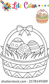 Adorable Easter basket coloring page featuring decorative eggs and a bow, perfect for kids and preschool activities.	