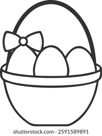 Adorable Easter basket coloring page featuring decorative eggs and a bow, perfect for kids and preschool activities.Vector illustration on white background