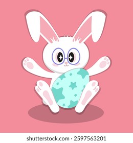 Adorable Easter bunnies with big sparkling eyes and glasses, holding a blue egg with stars pattern. A cute and playful illustration perfect for Easter decor, greeting cards, and digital designs.