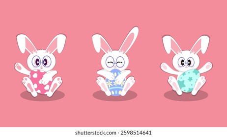 Adorable Easter bunnies with big sparkling eyes and glasses, holding colorful eggs. A cute and playful illustration perfect for Easter decor, greeting cards, and digital designs.