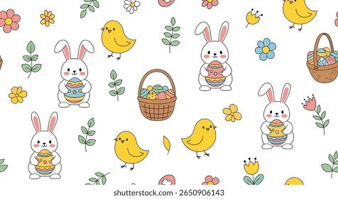 Adorável coelhinhos de páscoa pintados e pintados ovos festivo padrão de férias de primavera