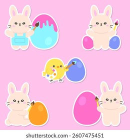 Adorable Easter Bunnies and Chicks Painting Colorful Eggs on a Pink Background Vector Illustration