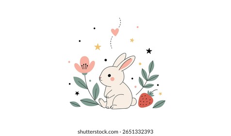 Adorable easter bunny among spring flowers and berries with stars