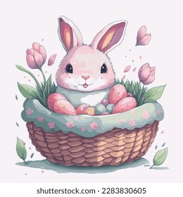 Adorable Easter Bunny with Basket of Eggs Vector