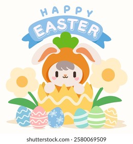 Adorable Easter Bunny in Carrot Costume with Colorful Eggs. Cute Easter Bunny Popping Out of an Egg with Festive Decorations. Happy Easter Illustration with Bunny, Flowers, and Painted Eggs.