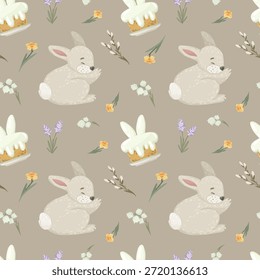 Liebenswert Osterhase mit Karotte und Frühlingsblumen nahtloses Muster, Kaninchen mit Kuchen, Vektorgrafik, festlicher Tierhintergrund