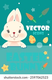 Adorable Easter bunny with carrots, eggs, and stars on a teal background. The cheerful design conveys a festive and playful holiday theme. Flat cartoon vector illustration