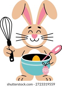 Adorável ilustração do chef do coelho da Páscoa pronto para assar as férias da primavera, segurando alegremente um batedor e uma tigela de mistura com um ovo.