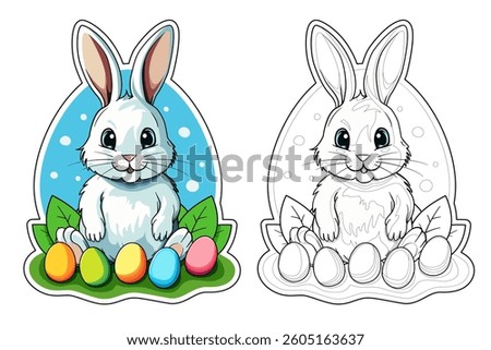 Adorable Easter bunny with colorful eggs, presented in both vibrant and coloring book styles. Ideal for holiday decor, greeting cards, and children's coloring activities. High quality vector art