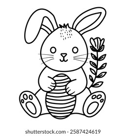 Adorable Easter bunny coloring page! A cute rabbit holding a striped egg, with a flower beside it. Perfect for kids, fun activities, and festive crafts. Printable, high-quality digital download.