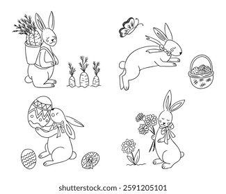 Adorable Easter bunny coloring page with rabbits, decorated eggs, carrots, flowers, and butterflies, perfect for holiday crafts, kids activities, and festive designs
